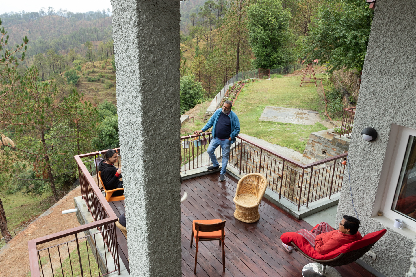 The wooden deck with a view of the forest
