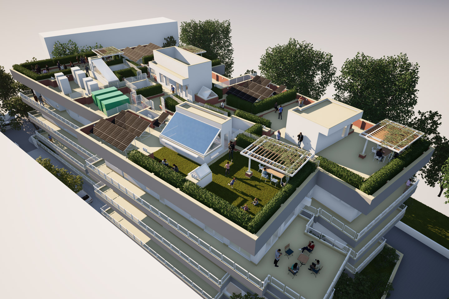 A bird's eye view of the apartment building from the south-east.